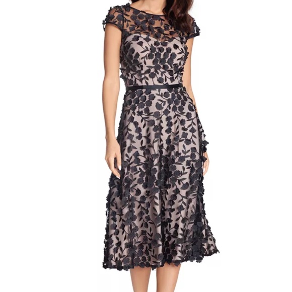 Xscape Black Floral Appliqu Midi Dress On Nude New